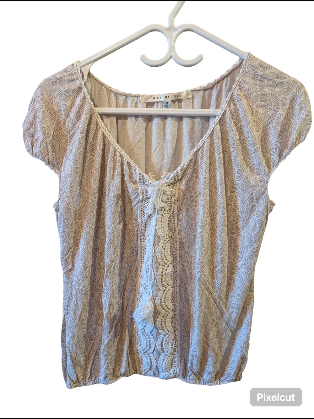 2/22$ Max Studio Cream Lace-Front Short Sleeve Blouse